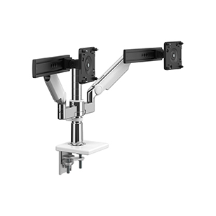 M/Flex con bracci e cursore (2) per monitor M2.1, staffa a doppio braccio, supporto a morsetto in due parti, alluminio lucido con finitura bianca