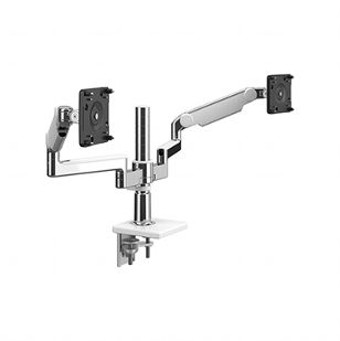 M/Flex con braccio monitor doppio M2.1 con montaggio a morsa, alluminio lucido con finitura bianca.